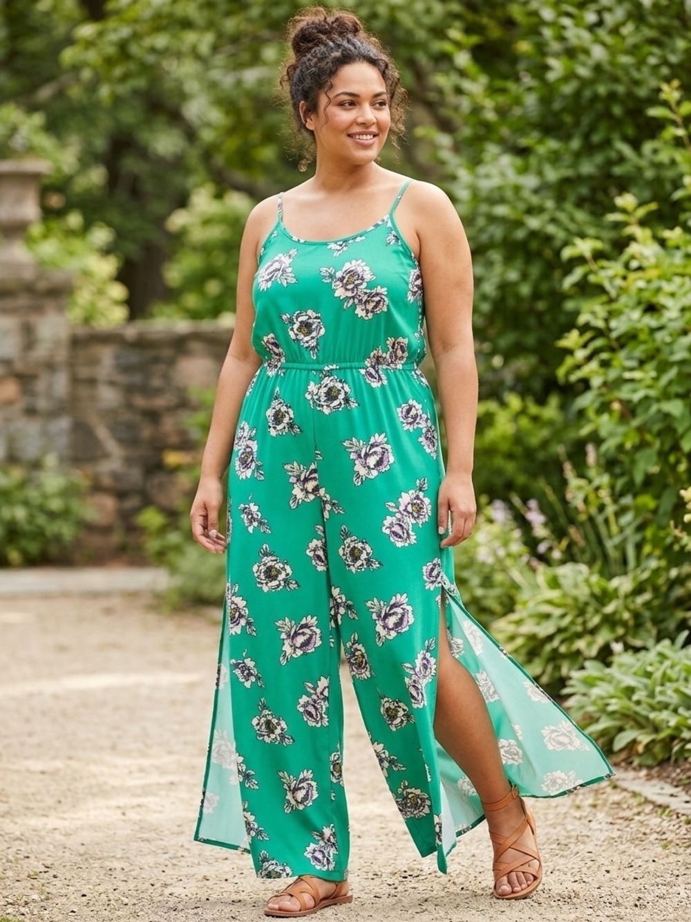 Eye Candy Size XL Emerald Green Floral Romper Side Slit Legs VGUC